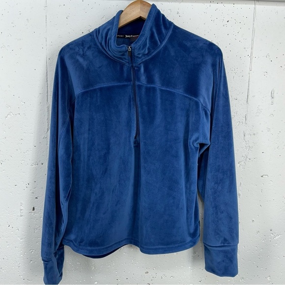 Juicy Couture Sport size XL Blue Velour 1/4 Zip Pullover Thumb Hole Sweatshirt - Picture 2 of 12